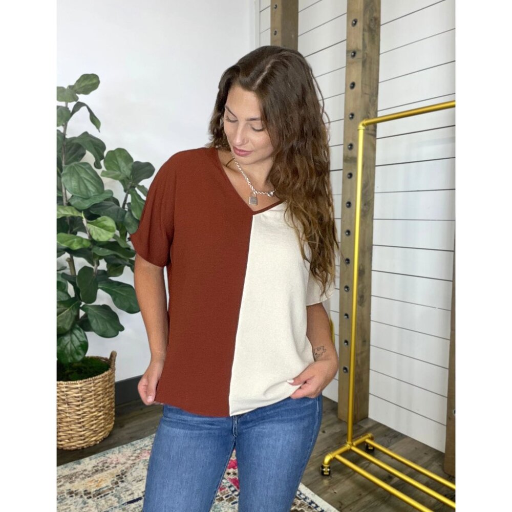 Entro Short Dolman Sleeve V Neck Split Color block Blouse